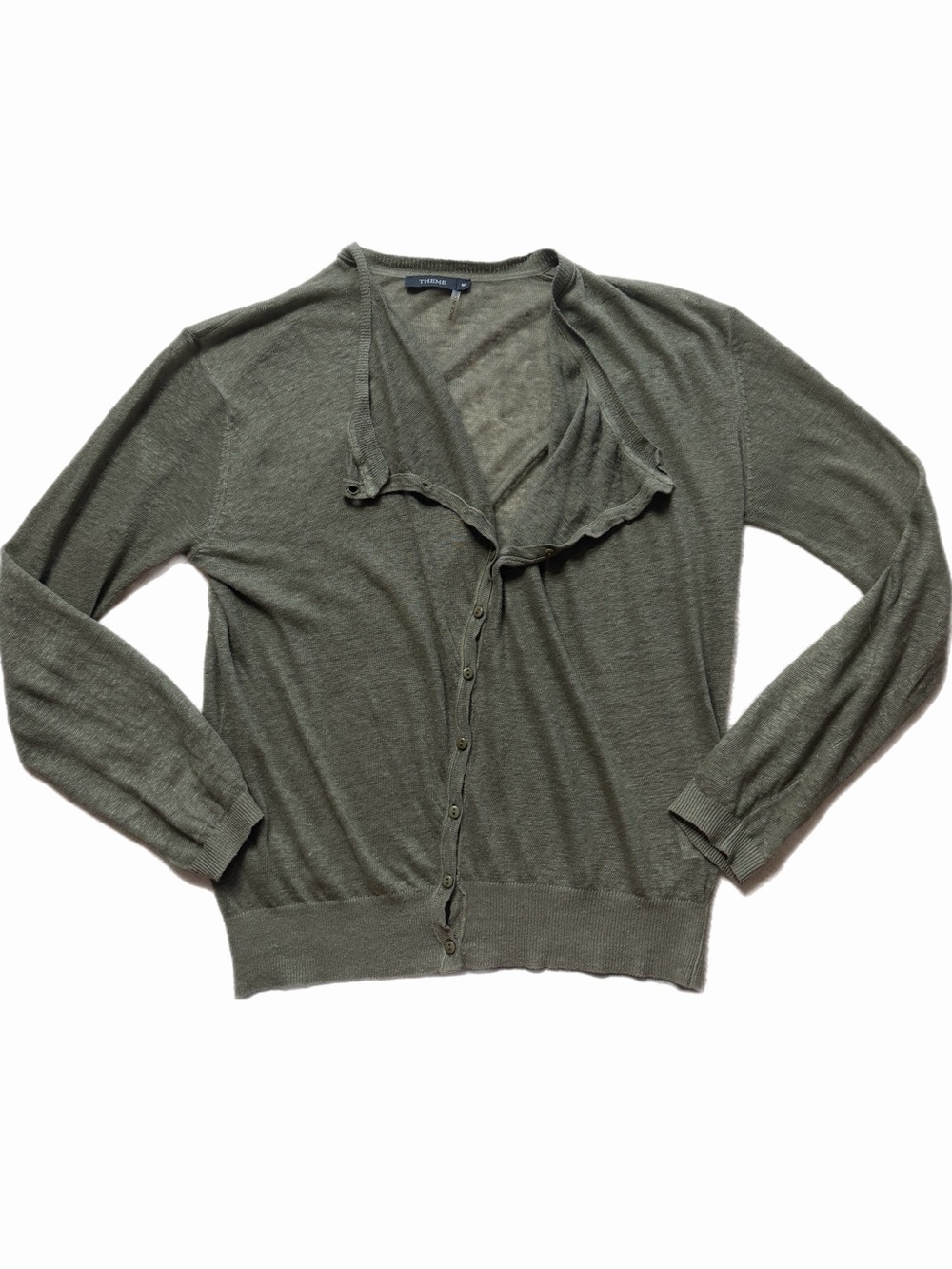 THEME 100% Linen Olive Green Asymmetric Neckline Cardigan M Lagenlook Coastal